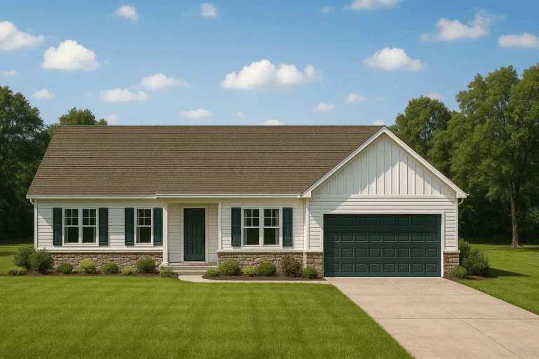 Front elevation of a Traditional Ranch style home featuring a blend of horizontal siding, board and batten, and stone wainscoting with a two-car garage