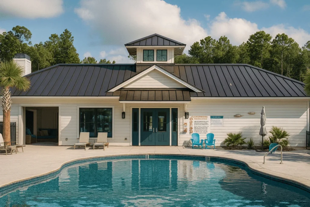 Front view of a Coastal-style pool house featuring horizontal lap siding, board and batten accents, and a standing-seam metal roof surrounded by a relaxing pool deck