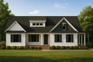 testFront view of a Modern Farmhouse with white lap siding, board and batten gables, black windows, and a welcoming covered porch