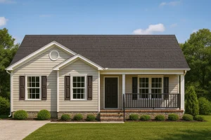 House Plans with Screened-In Porch 10 Front view of a Traditional Ranch home with horizontal siding, brick foundation skirting, gable roof, and welcoming covered porch