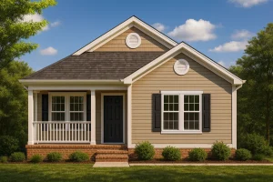House Plans with Screened-In Porch 3 Front elevation of a Traditional Cottage style home featuring horizontal siding, brick foundation, black shutters, and a welcoming covered porch