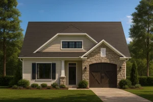 House Plans with Screened-In Porch 1 Front elevation of a Traditional Craftsman style home featuring stone façade, horizontal siding, shake gable accents, and a single-car garage with wood doors