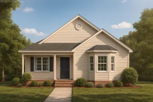House Plans with Screened-In Porch 8 Front view of a Traditional Cottage style home featuring horizontal siding, brick foundation, a covered porch, and symmetrical suburban curb appeal