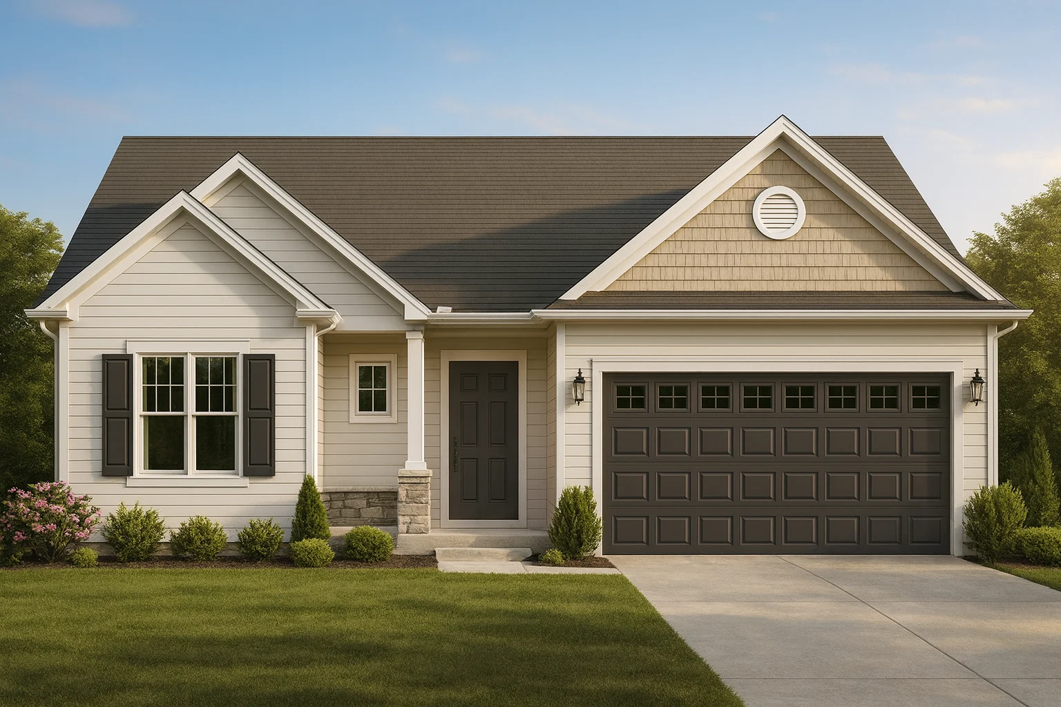Front elevation of a Traditional Ranch style home featuring horizontal siding, shake gable accents, stone base, and a welcoming covered entry