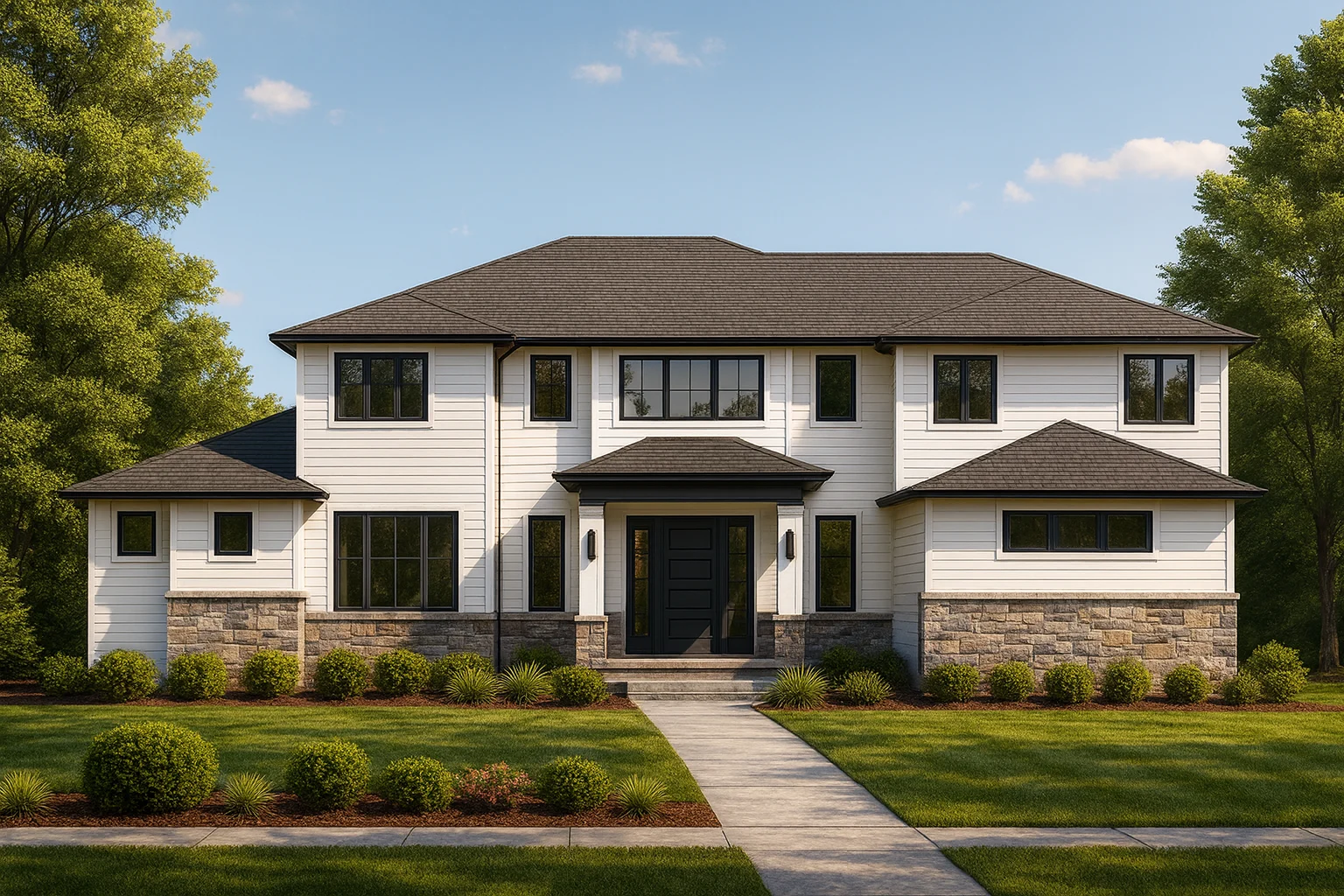 Front view of a two-story modern farmhouse with white horizontal siding, stone veneer base, dark roof, and black-framed windows