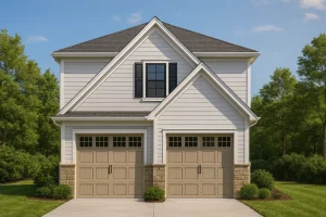 Front view of a Traditional Suburban style home featuring horizontal siding, stone accents, and a symmetrical 2-car garage design