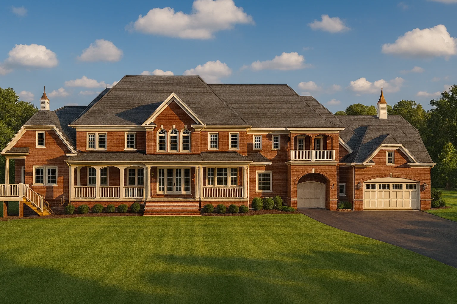 Front elevation of a Georgian Colonial Revival home with full brick exterior, symmetrical façade, and classic architectural detailing