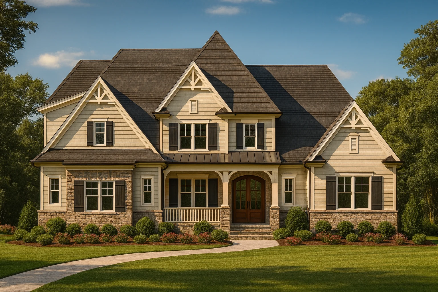 Colonial Farmhouse House Plans 11 Front elevation of a Traditional Craftsman style home featuring horizontal siding, board and batten accents, stone base detailing, and a welcoming covered porch