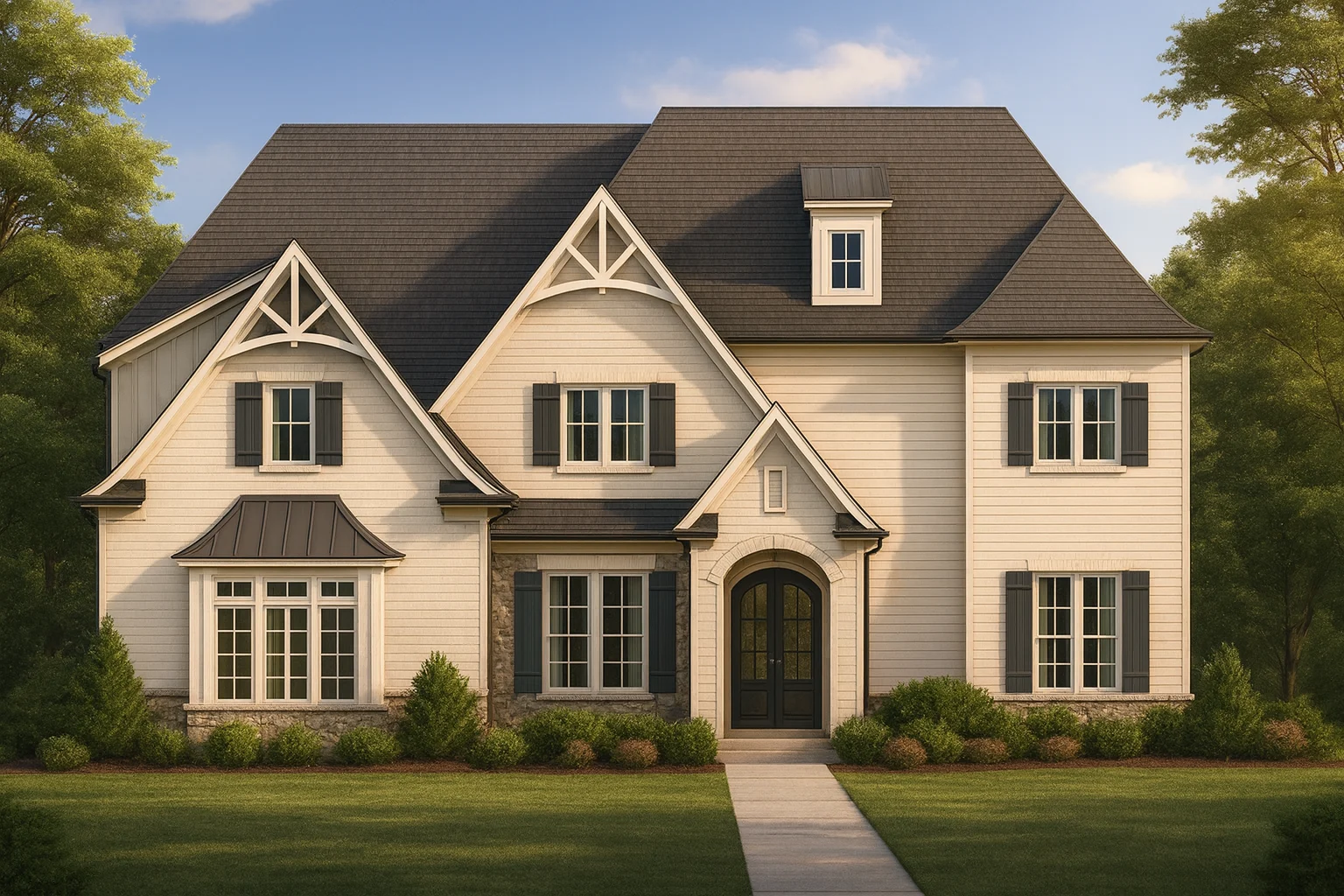 Colonial Farmhouse House Plans 3 Front view of a Transitional Farmhouse home featuring horizontal lap siding, board-and-batten accents, gabled rooflines, and symmetrical traditional detailing