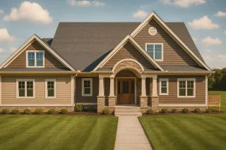 Front elevation of a Craftsman Traditional Suburban style home featuring horizontal siding, shingle gable accents, and stone columns