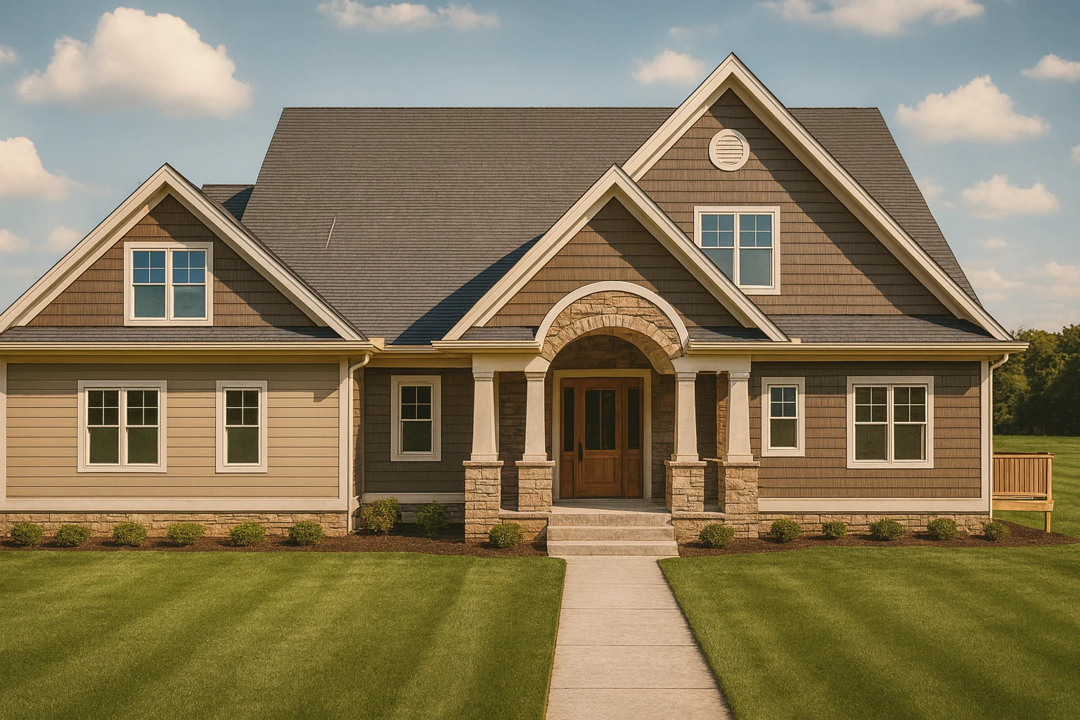 Front elevation of a Craftsman Traditional Suburban style home featuring horizontal siding, shingle gable accents, and stone columns