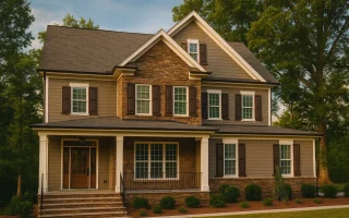 Front exterior of a Traditional Colonial style home featuring brick façade, horizontal siding, shuttered windows, and a covered front porch