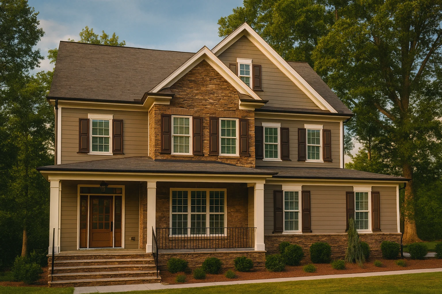 Front view of a Traditional Colonial style home featuring horizontal siding, stone accents, symmetrical windows, and classic shutters