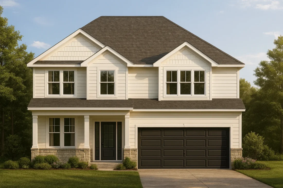 Front elevation of a Traditional Suburban New American style home featuring horizontal siding, shingle accents, stone wainscot, and a two-car garage