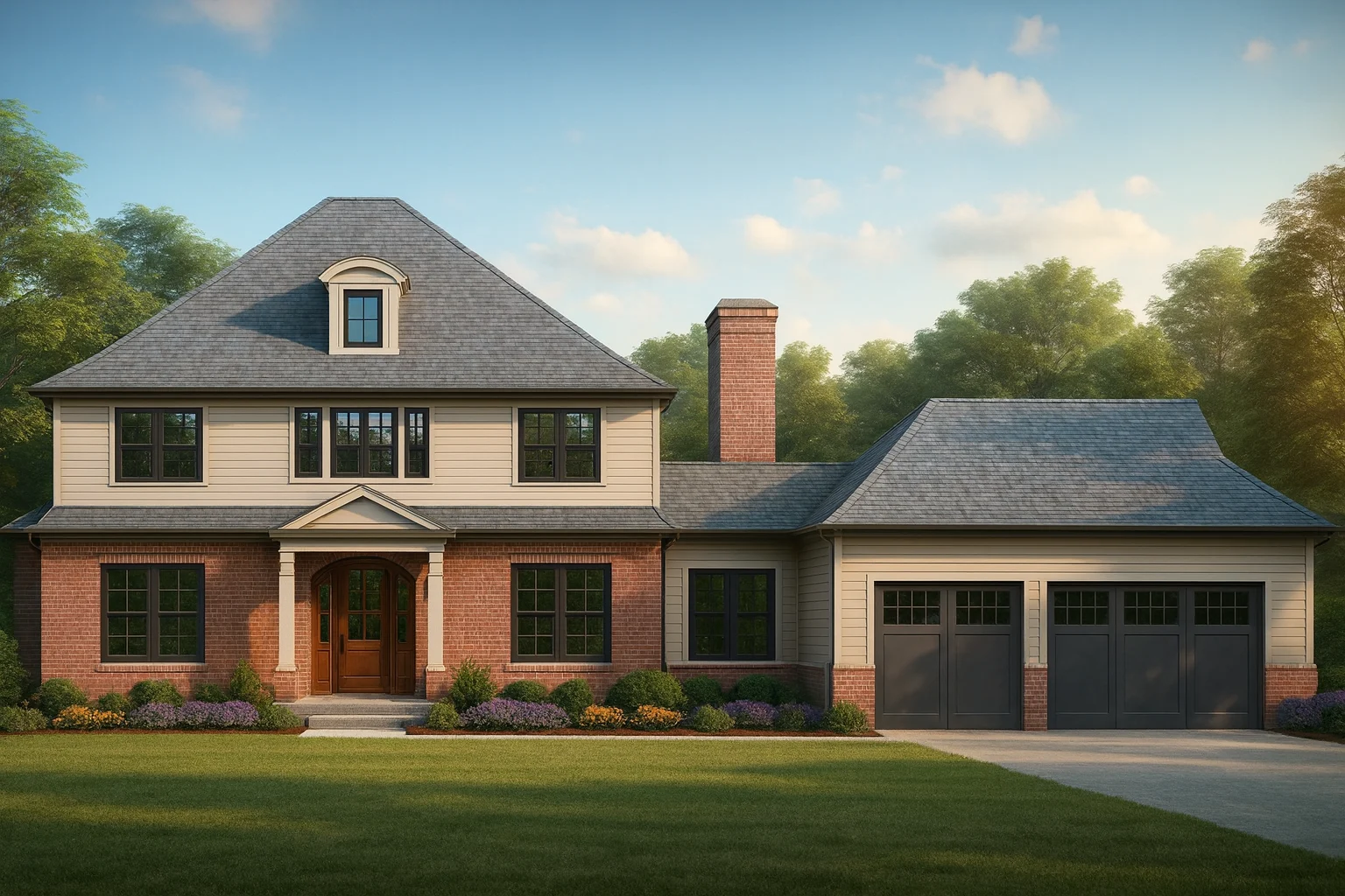 4 Bedroom House Plans 2 Front exterior of a Traditional Colonial style home featuring brick facade, horizontal siding, symmetrical windows, gabled rooflines, and a side-entry garage