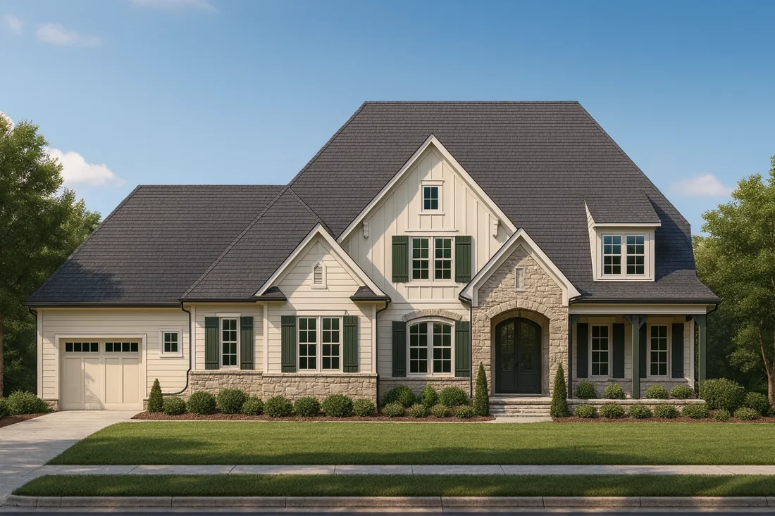 Front elevation of a Modern Farmhouse and Traditional Suburban style home featuring board-and-batten siding, stone accents, gables, and shuttered windows