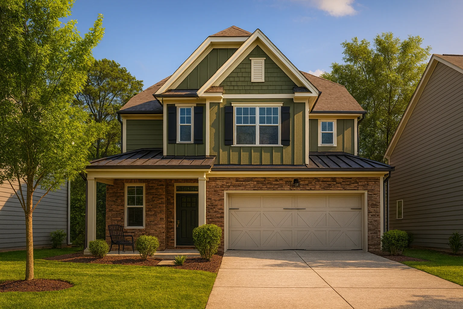 Front elevation of a Traditional Craftsman style home featuring board and batten, horizontal siding, stone accents, and a welcoming covered entry