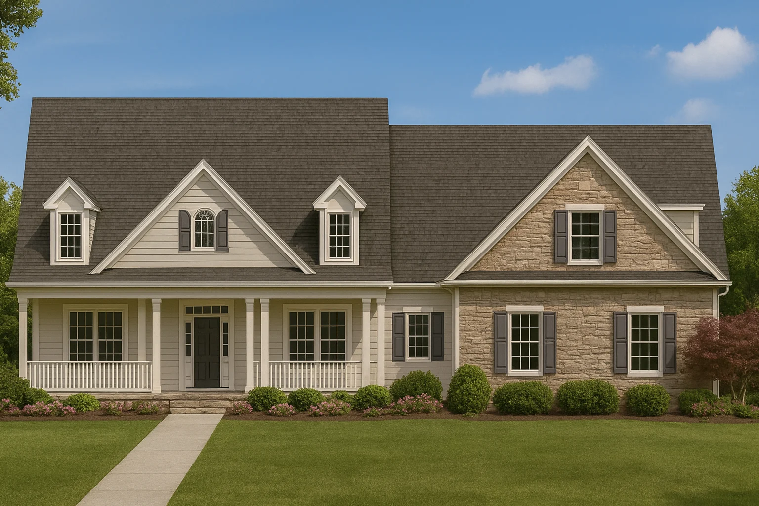 Front elevation of a New American Traditional style home featuring stone veneer, horizontal siding, steep gable rooflines, and a covered front porch