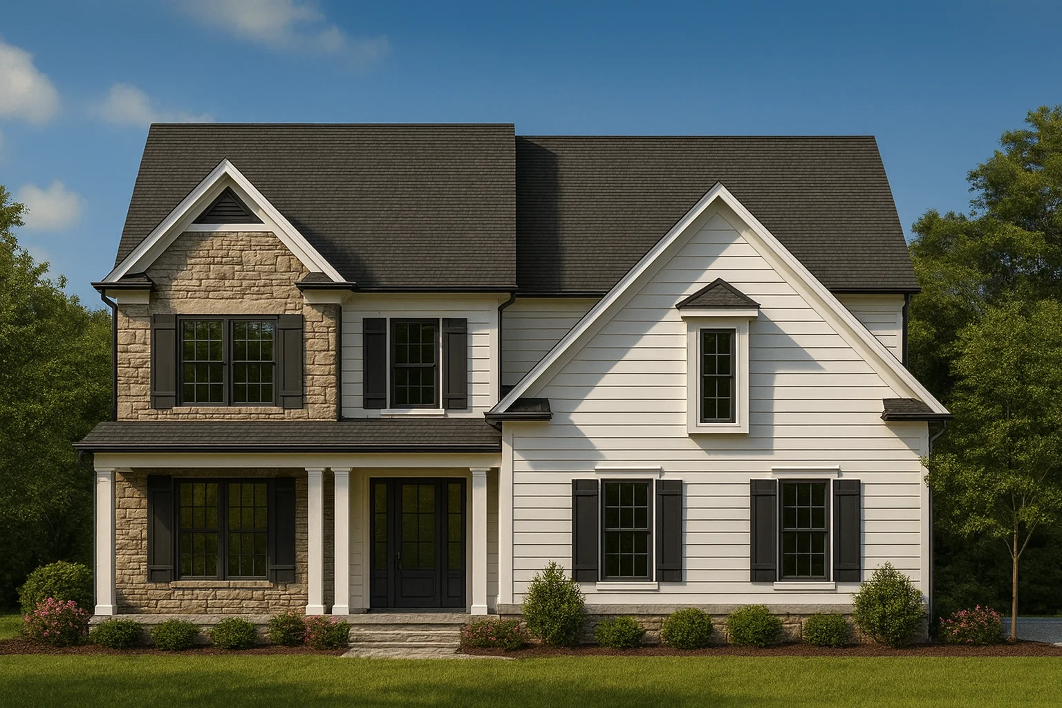 Front elevation of a New American style two-story house featuring horizontal siding, board-and-batten accents, stone veneer, and a covered front porch