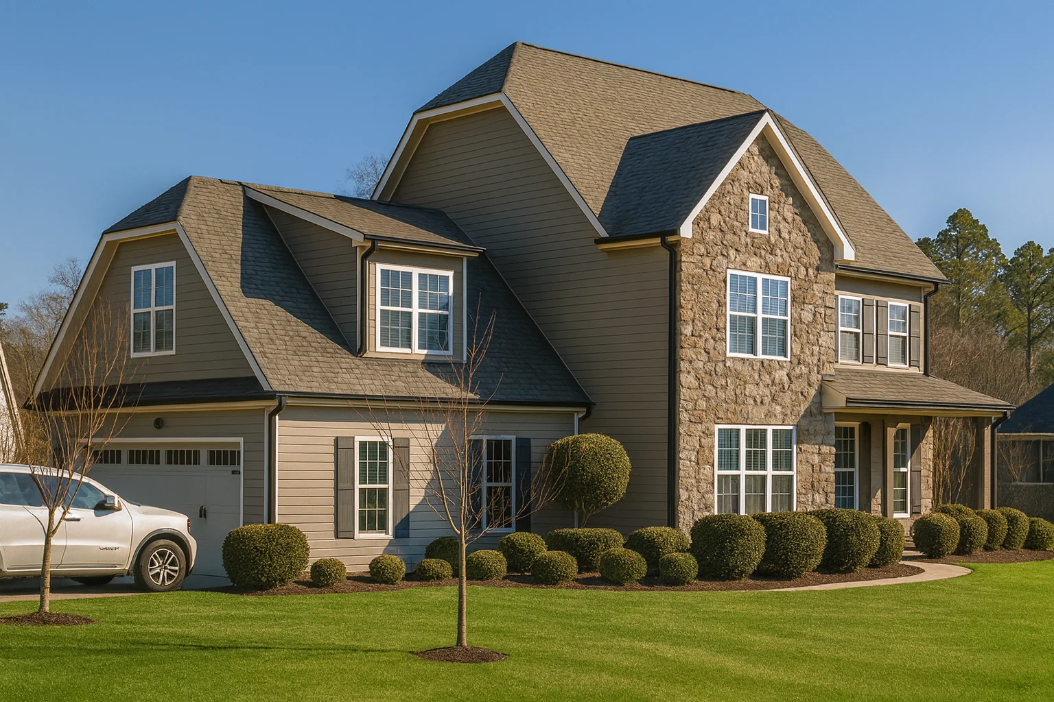 Front view of a Traditional Colonial style home featuring a stone façade, horizontal siding, and gabled rooflines under a clear blue sky