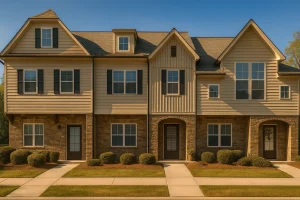 Front elevation of a traditional townhouse featuring brick, horizontal lap siding, and board and batten details with arched entryways