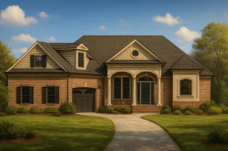 House Plans with Screened-In Porch 1 Front view of a Traditional French Country style house featuring a brick exterior, arched porch columns, and board and batten gable accents