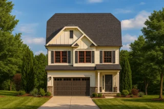 Front elevation of a two-story Traditional Colonial style home featuring board and batten siding, horizontal lap siding, and stone accents around the base with a front-entry garage.