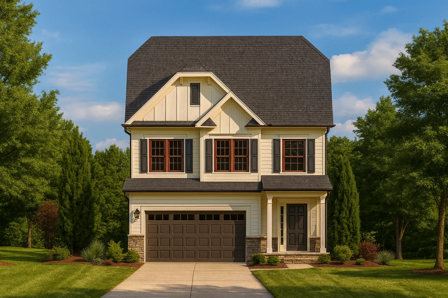 Front elevation of a two-story Traditional Colonial style home featuring board and batten siding, horizontal lap siding, and stone accents around the base with a front-entry garage.
