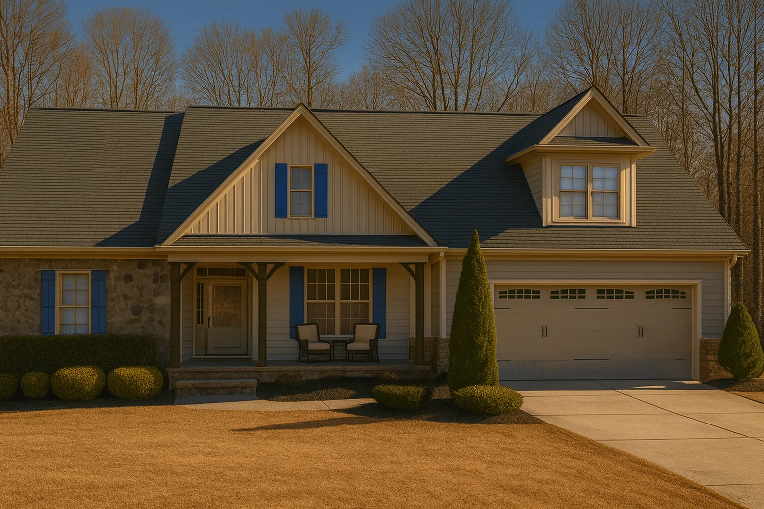 Front elevation of a Traditional Ranch Craftsman style home featuring stone accents, board and batten with horizontal siding, and a welcoming covered porch entry