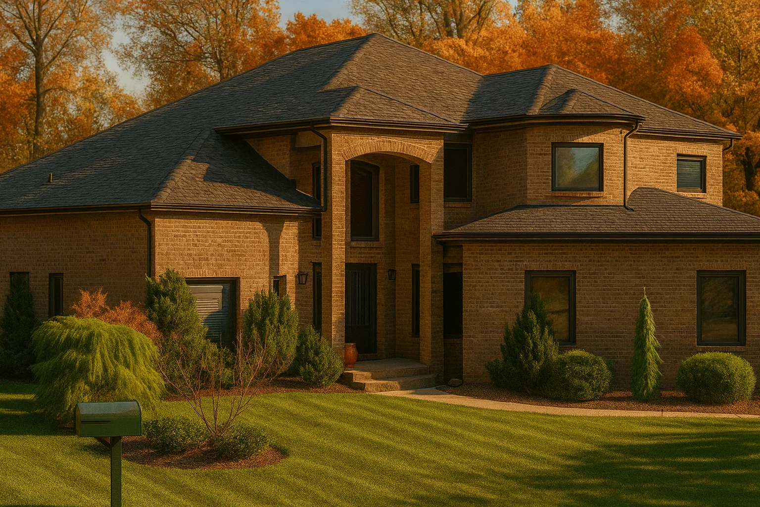 Front view of a two-story Traditional Brick home with transitional architectural details and a welcoming arched entryway