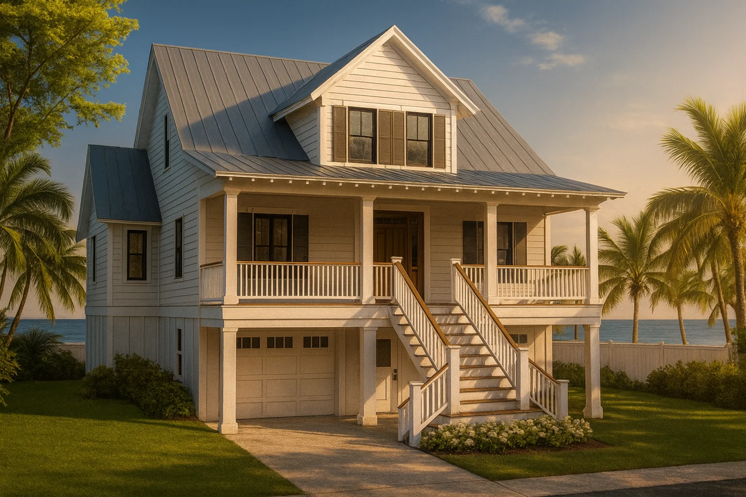 Front view of an elevated coastal beach house featuring horizontal siding, double front porches, and classic Low Country architecture near the ocean.