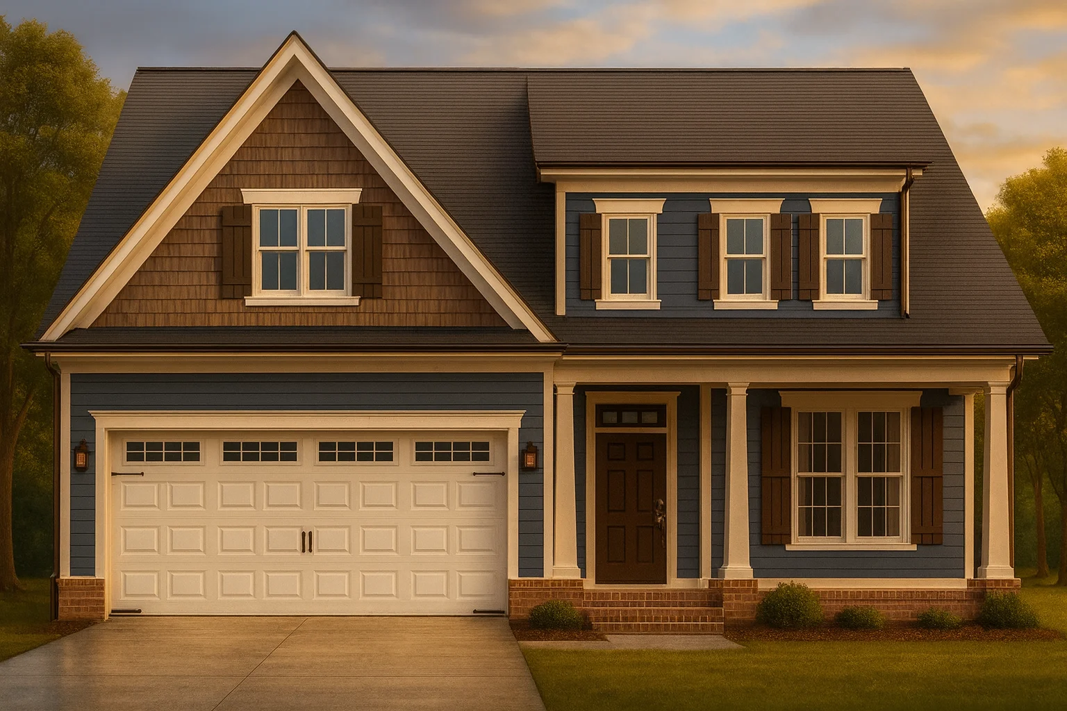 Front view of a Traditional Craftsman Colonial style home featuring blue siding, shingle gables, brick accents, and white-trimmed windows for timeless curb appeal