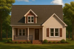 Front view of a Cape Cod Cottage style house featuring horizontal siding, board and batten gable detail, and brick foundation with a welcoming covered porch entry