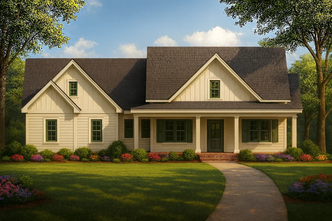 Front elevation of a Modern Farmhouse featuring board and batten siding, gable roofs, covered front porch, and warm inviting curb appeal surrounded by lush landscaping