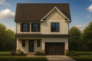 Front view of a Modern Farmhouse featuring board and batten siding, stone accents, dark trim, and symmetrical two-story elevation