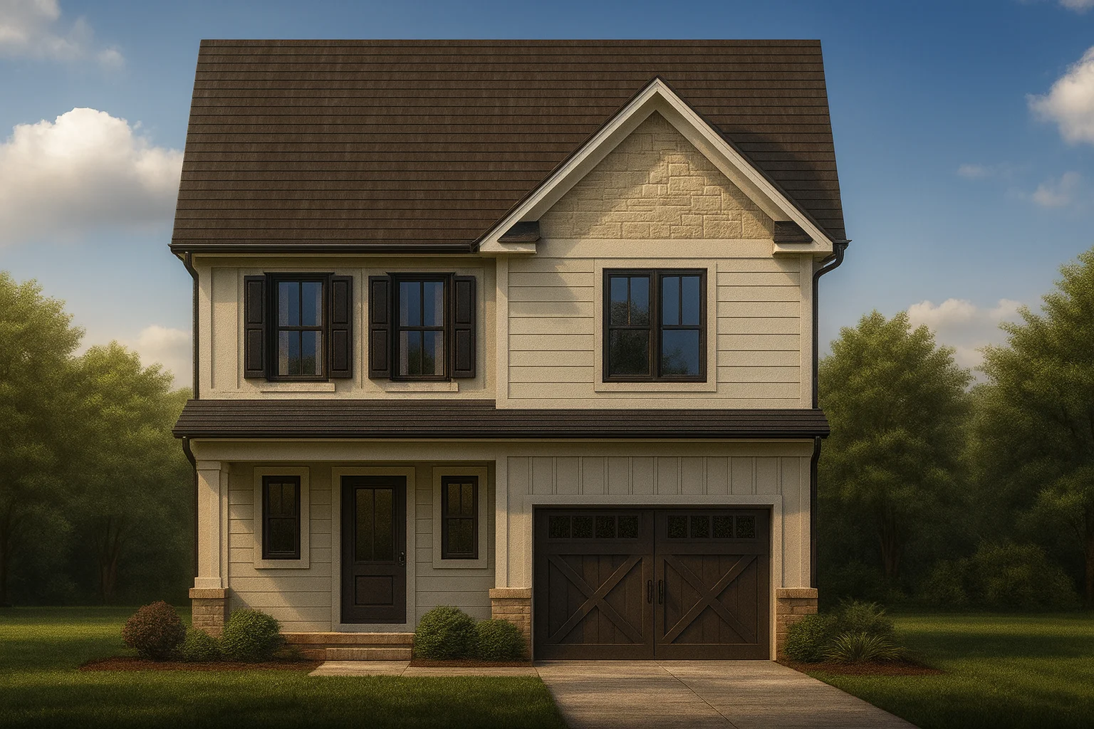 Front view of a Modern Farmhouse featuring board and batten siding, stone accents, dark trim, and symmetrical two-story elevation