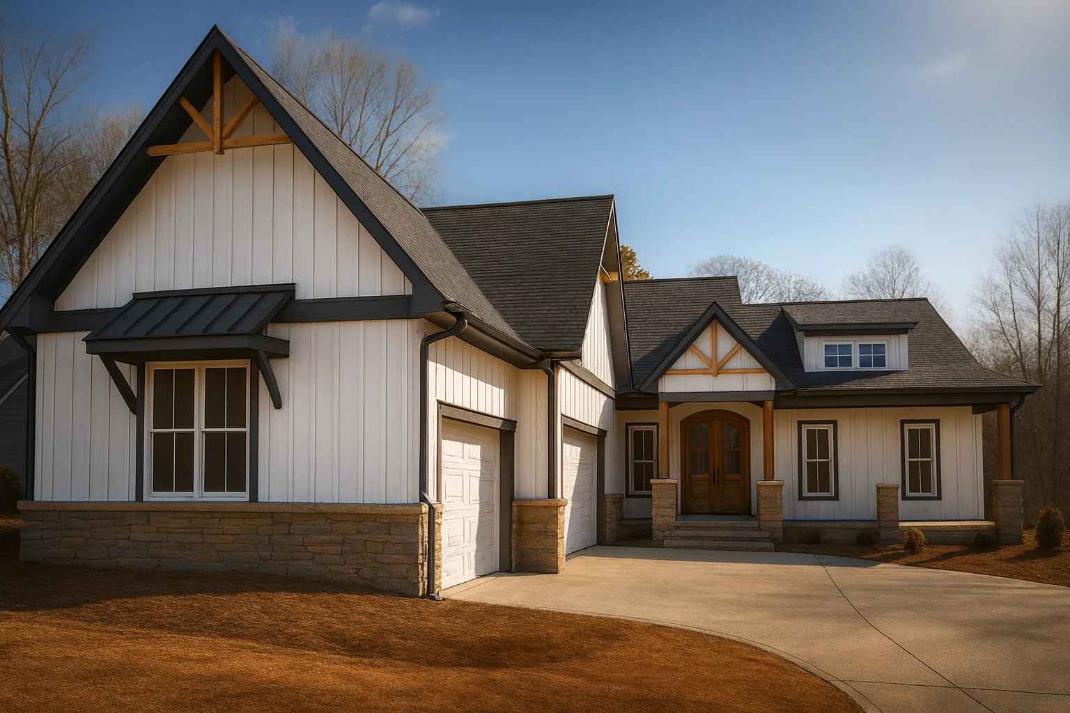 Front view of Modern Farmhouse style home featuring board and batten siding, stone accents, gable roofs, and inviting entryway design