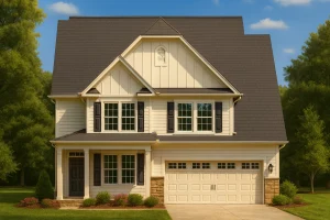 Front view of Modern Farmhouse style home featuring board and batten siding, horizontal lap siding, stone wainscoting, and a welcoming covered porch entry