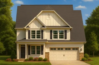Front view of Modern Farmhouse style home featuring board and batten siding, horizontal lap siding, stone wainscoting, and a welcoming covered porch entry