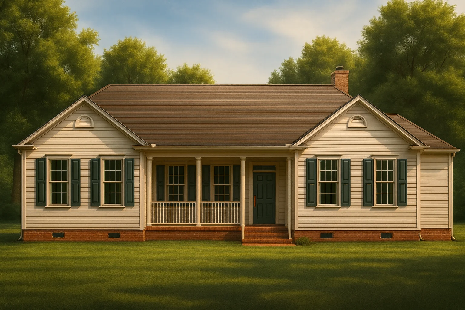 Front elevation of a Traditional Ranch style home featuring light horizontal siding, brick foundation, symmetrical windows with shutters, and a welcoming covered porch.
