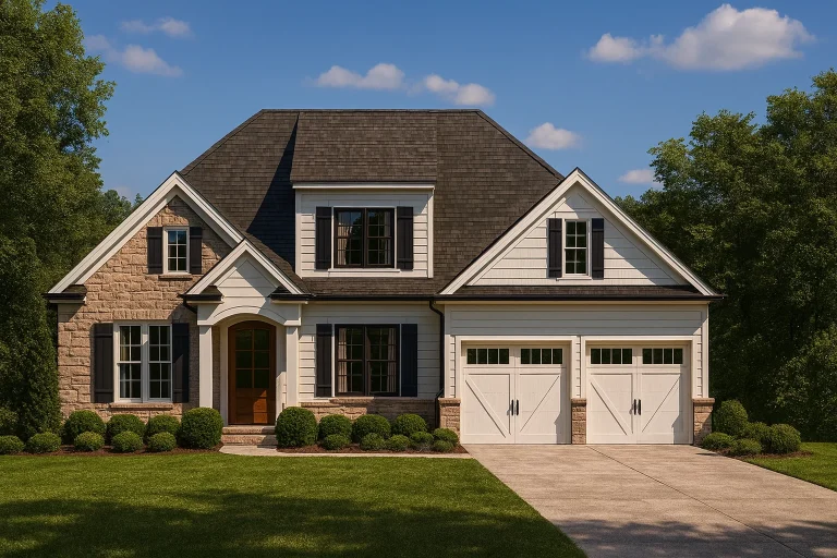 Front elevation of a Traditional Colonial style home with horizontal siding, stone porch columns, symmetrical windows, and a two-car garage