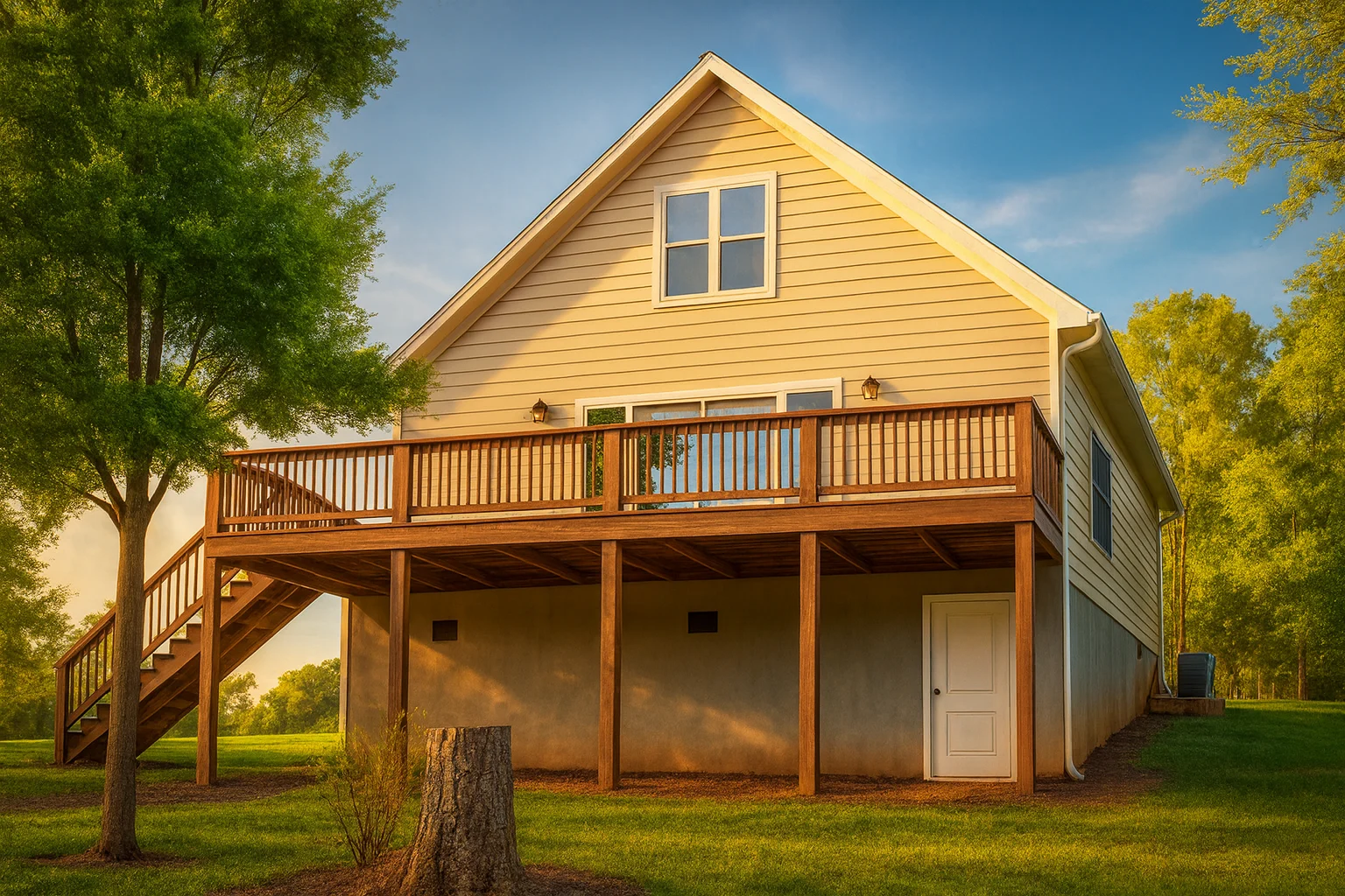 Rear exterior view of an American Cottage style home with coastal influences, raised foundation, horizontal siding, and full-width elevated deck