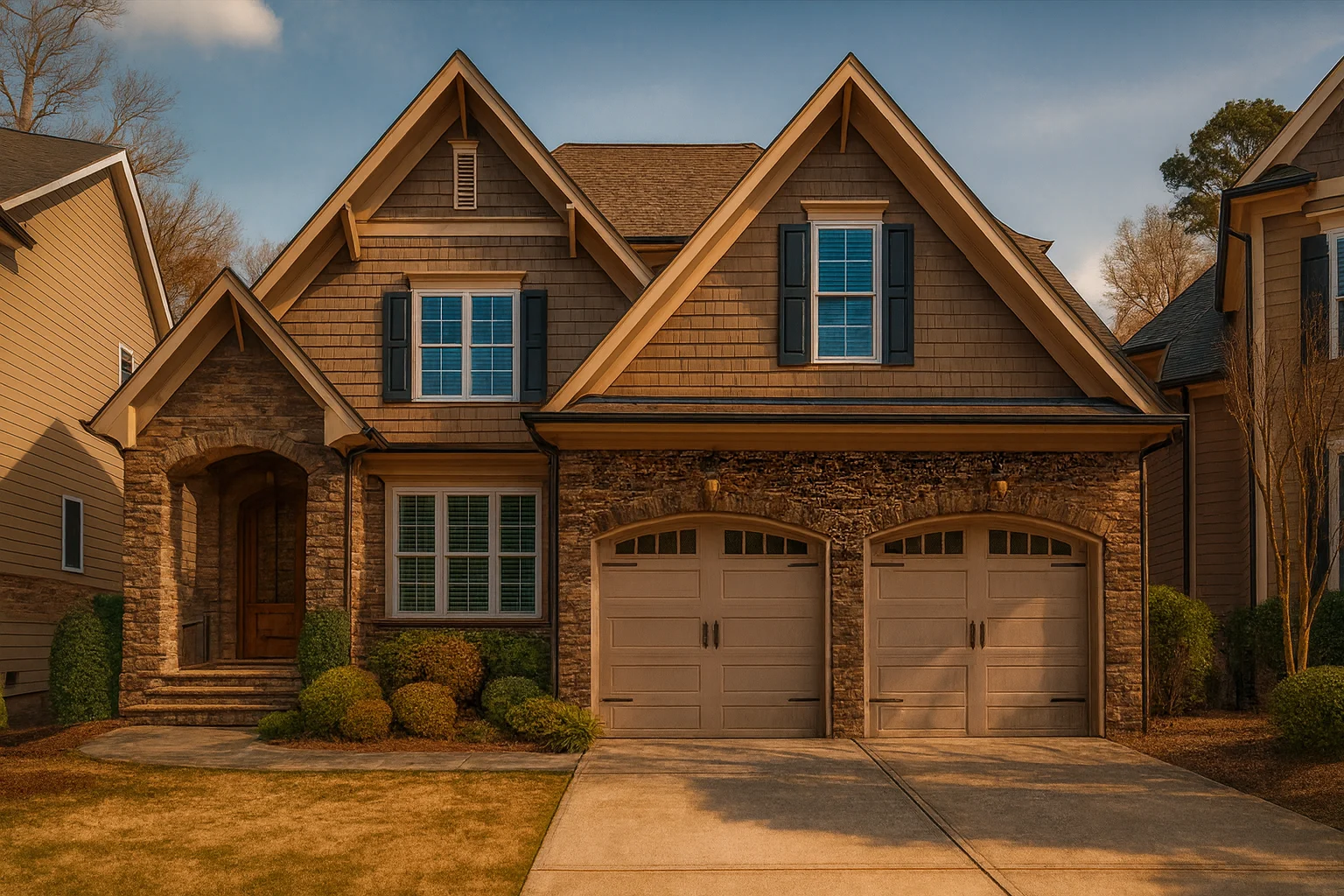 Front elevation of a Traditional New American style home with brick exterior, stone accents, Craftsman gables, and double front-entry garage
