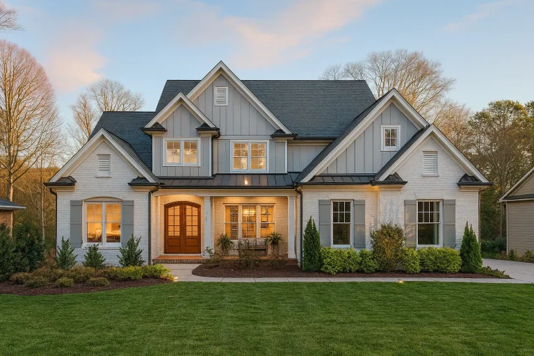 French Country Farmhouse Plans 3 Front exterior of a New American Modern Traditional style home featuring painted brick, board and batten siding, steep gables, and symmetrical suburban curb appeal