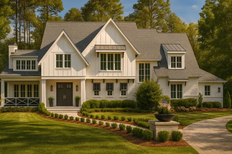 Front elevation of a New American style luxury home featuring board and batten siding, symmetrical façade, and classic Southern detailing
