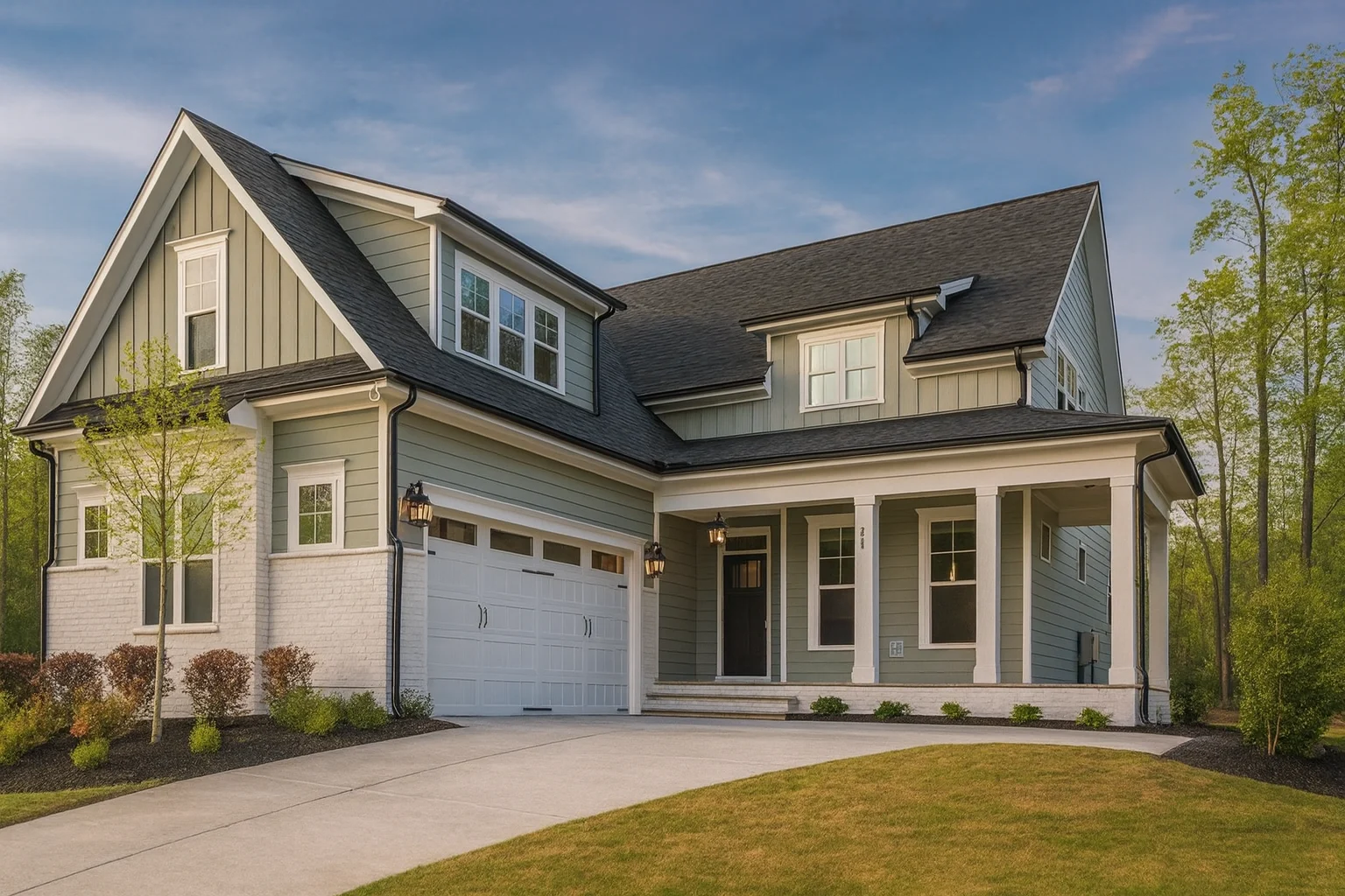 Front elevation of a New American coastal farmhouse style home featuring board and batten siding, covered porch, and classic modern traditional detailing