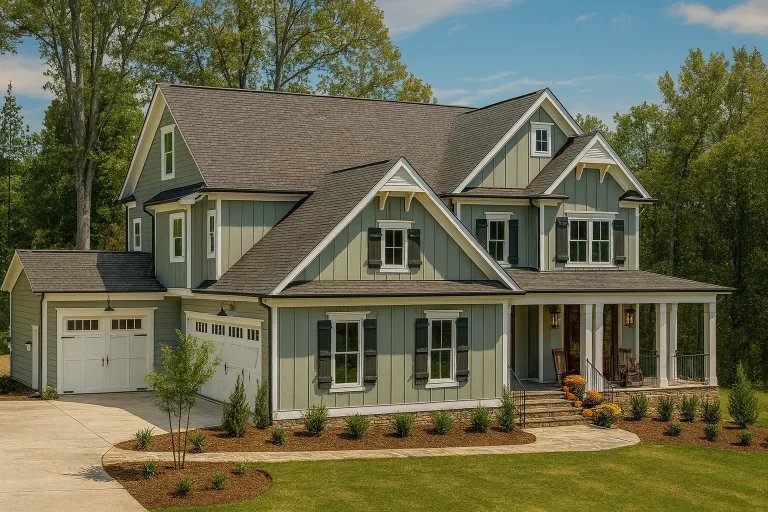 Front exterior of a New American Modern Farmhouse style home with board and batten siding, gabled rooflines, covered porch, and side-entry garage