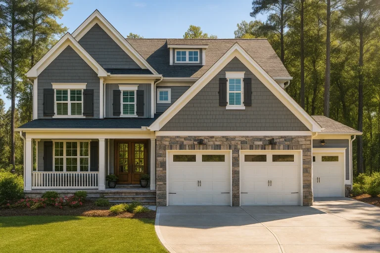 Front elevation of a Modern Craftsman style home with stone veneer, horizontal lap siding, shake gables, covered porch, and 3-car garage