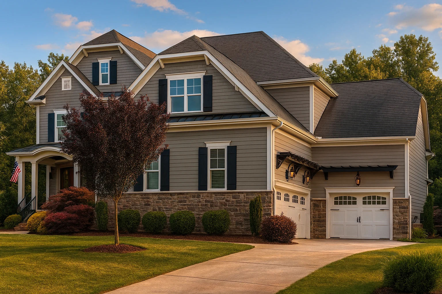 Front exterior view of a New American Modern Traditional style house with horizontal siding, stone accents, gabled rooflines, and attached garage