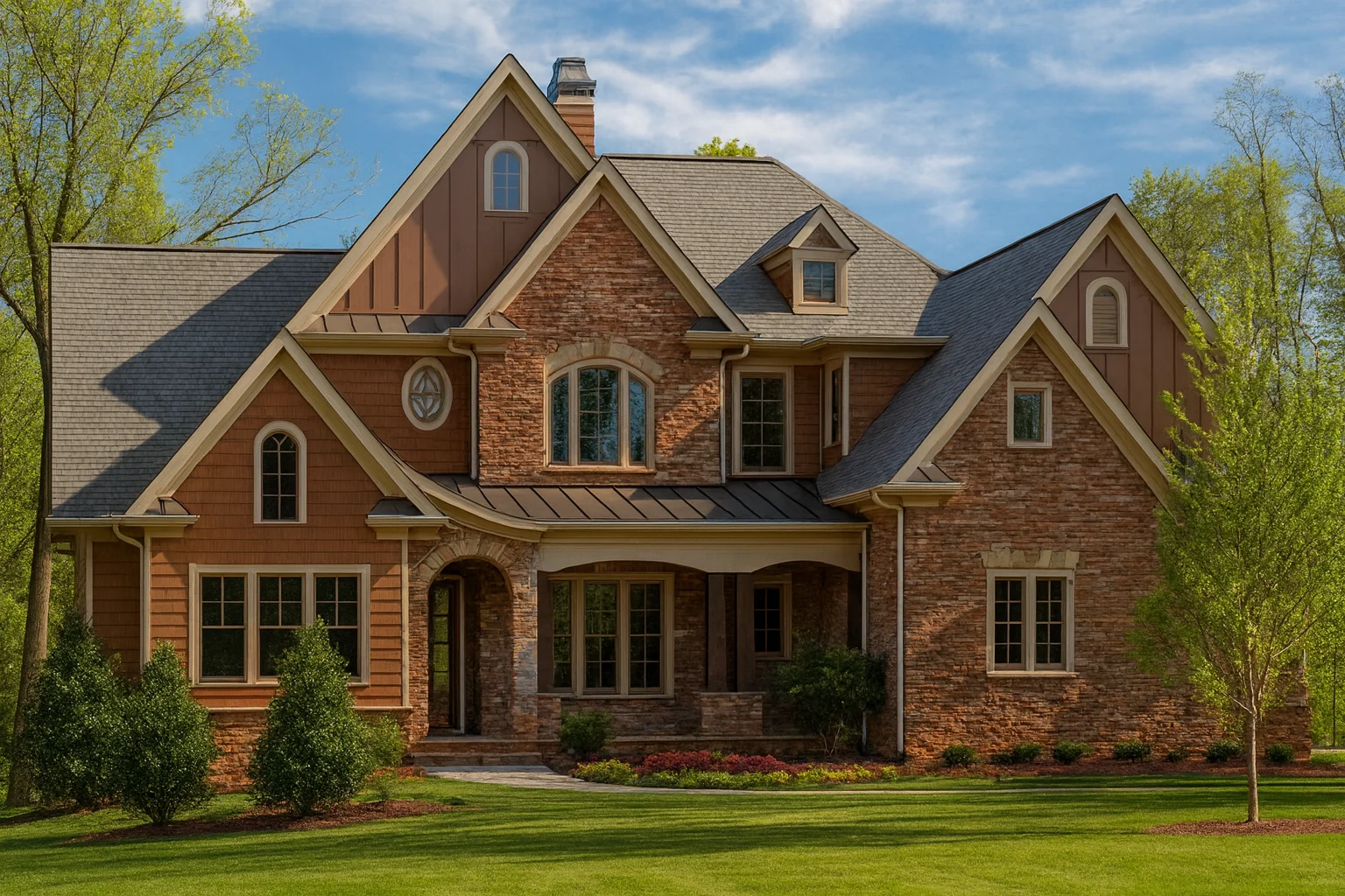 House Plans Online 23 Front elevation of a Traditional Colonial style home with brick exterior, stone detailing, steep gabled rooflines, and symmetrical windows